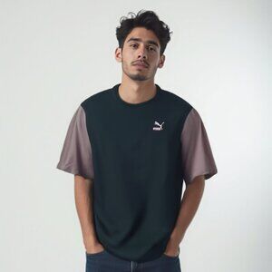 Puma Classics Block Tee - Men's L - Black & Purple Colorblock Short Sleeve